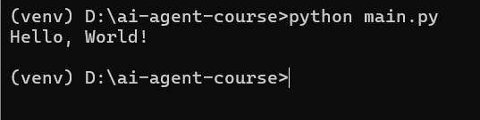 Terminal showing Hello World output