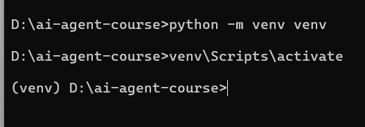 Expected output showing virtual environment activation prompt