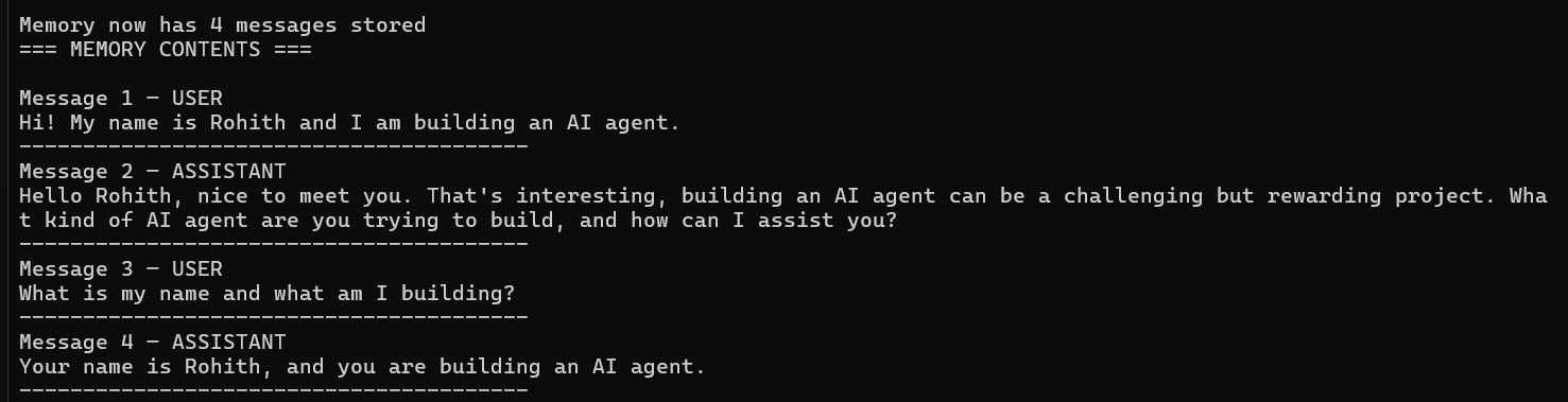 Terminal showing full memory contents with user and assistant messages
