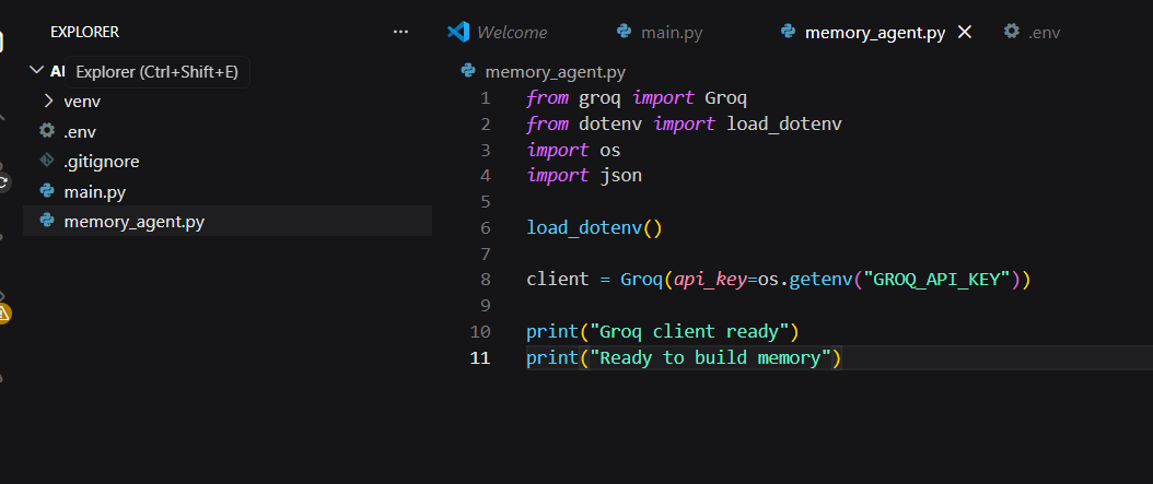 memory_agent.py setup code in VS Code