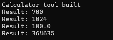 Terminal showing correct results for all four calculator expressions
