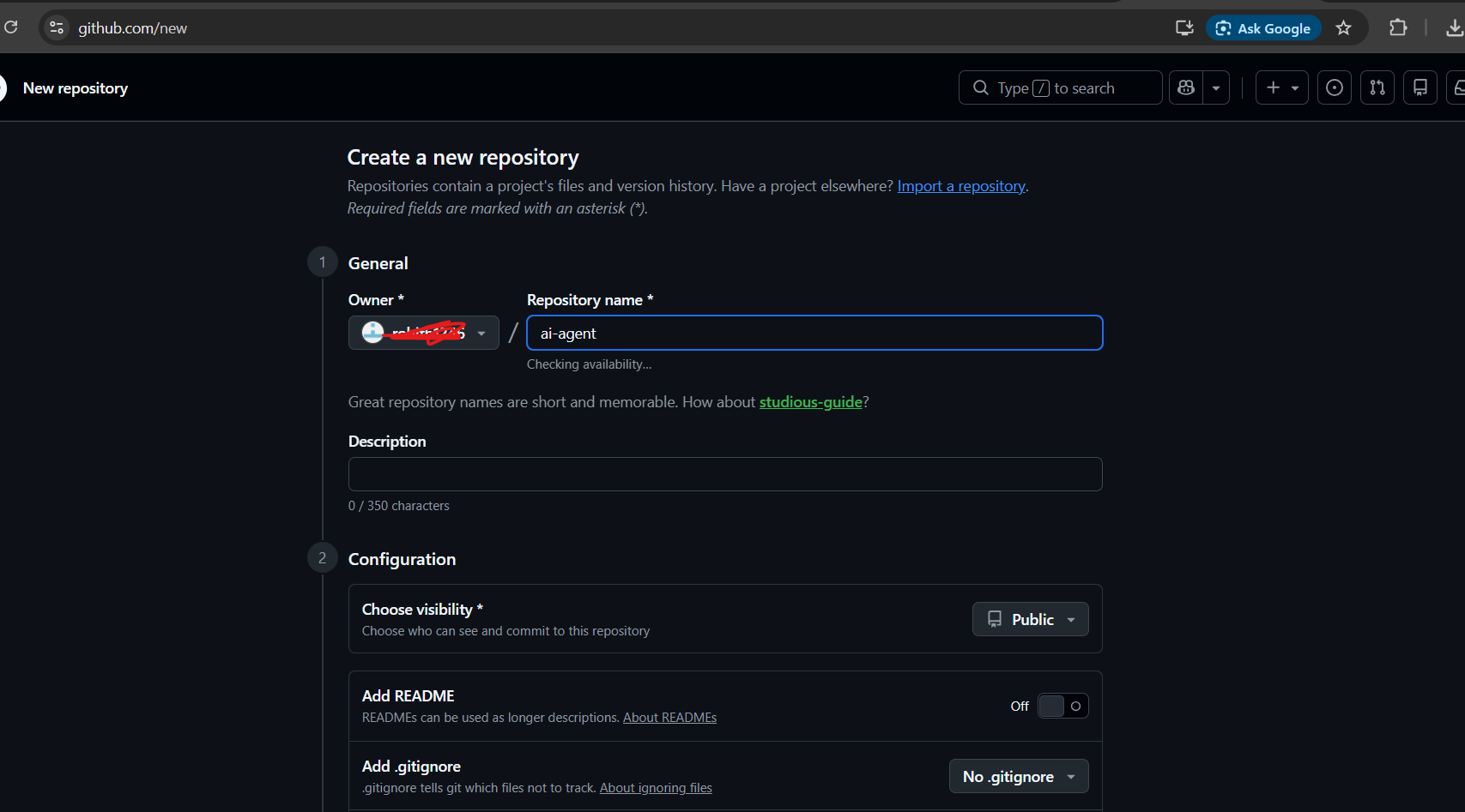 GitHub new repository creation page with ai-agent-course as name