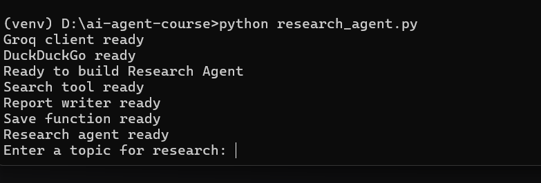 Terminal prompting user to enter a research topic