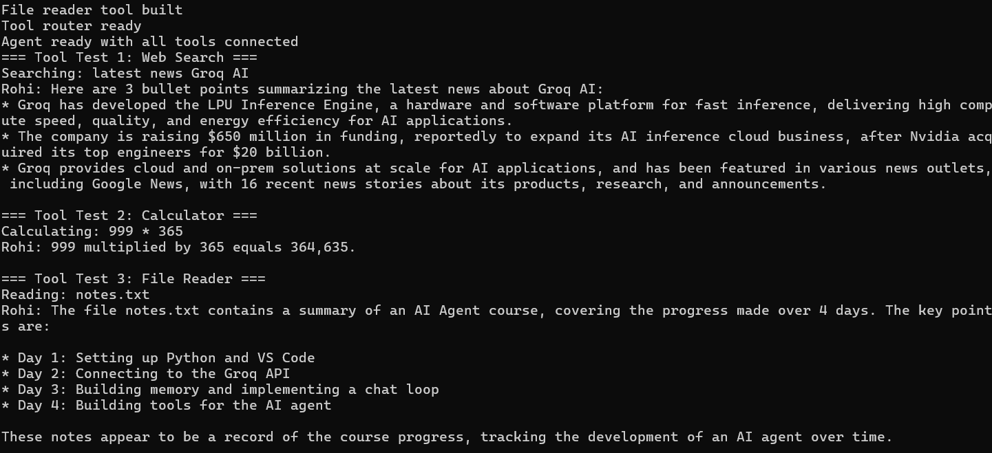 Terminal showing all 3 tools running successfully with AI responses