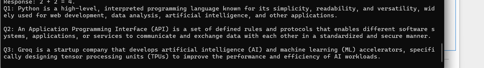 Terminal showing responses for all 3 test questions