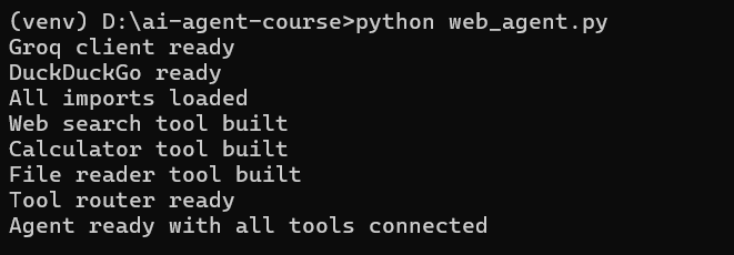 Terminal showing agent ready with all tools connected