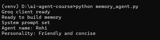 Terminal showing system prompt set and agent personality confirmed