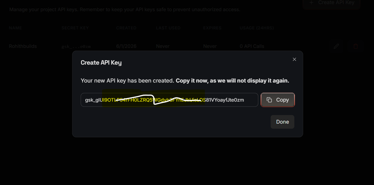 Groq API key displayed after creation