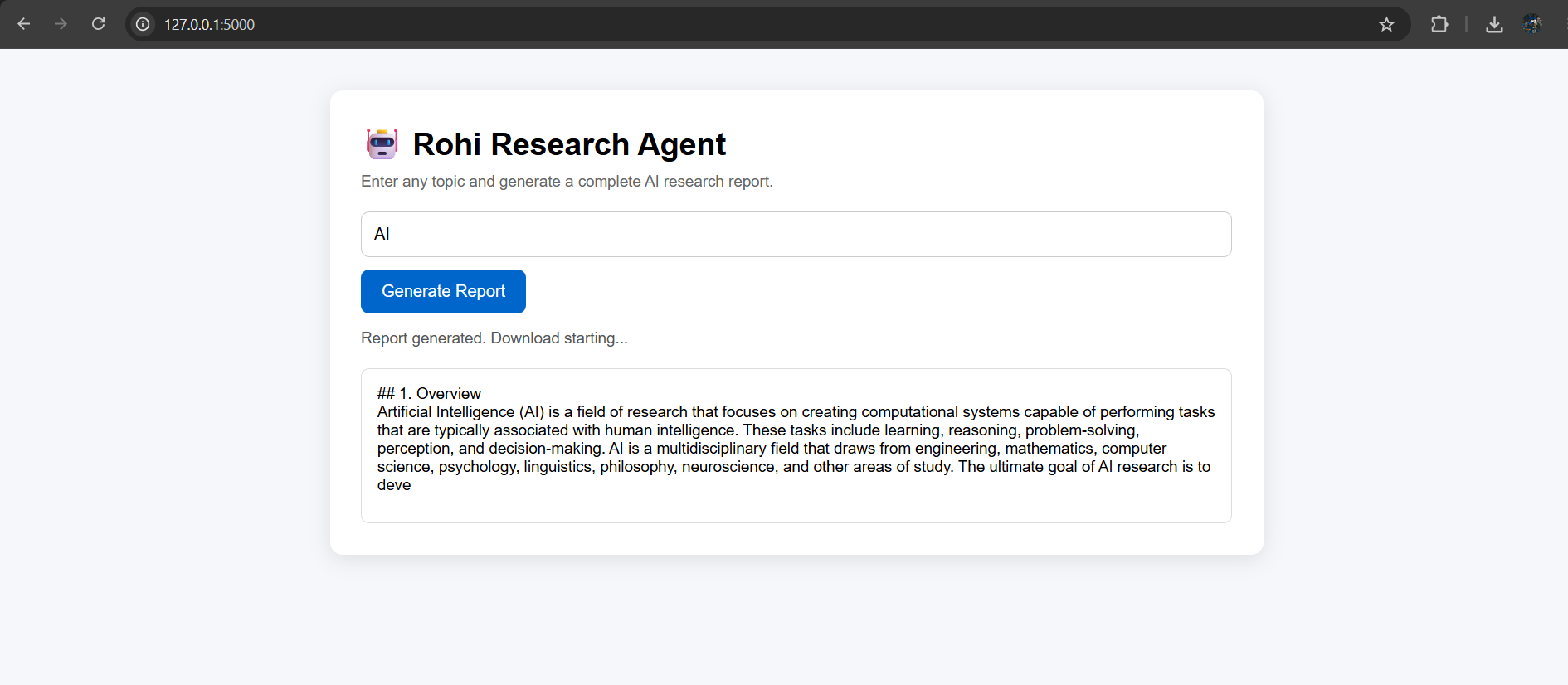 Rohi Research Agent web interface in the browser