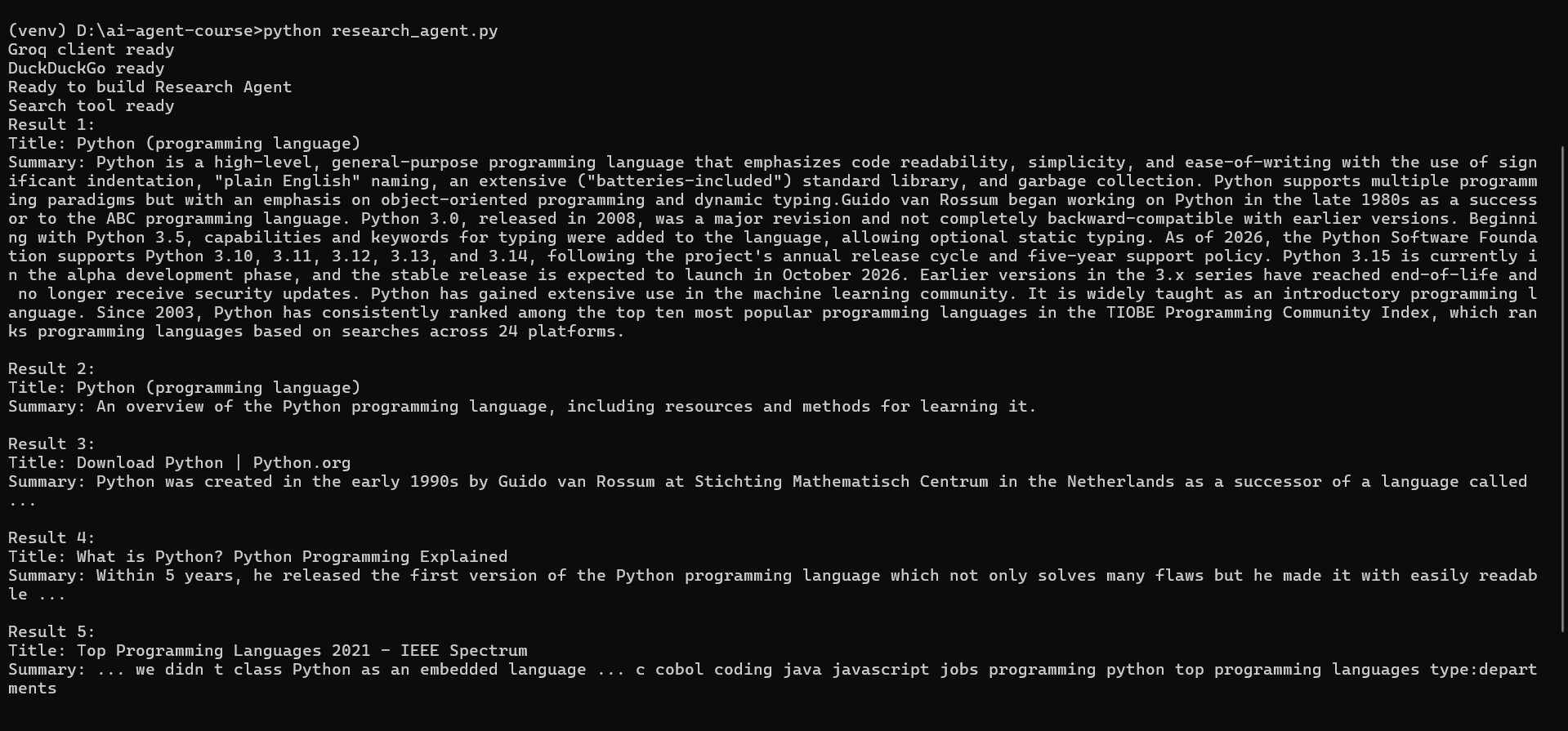 Terminal showing 5 search results for Python programming language