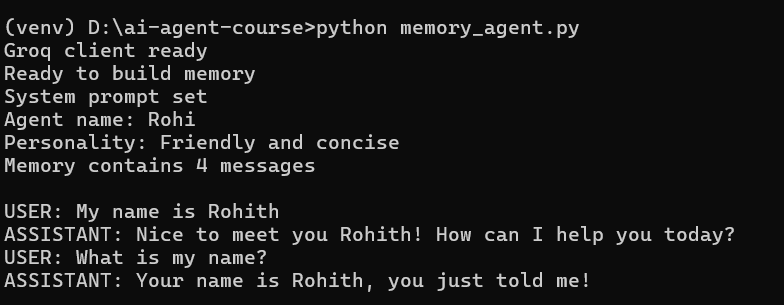 Terminal showing memory contents with 4 messages printed