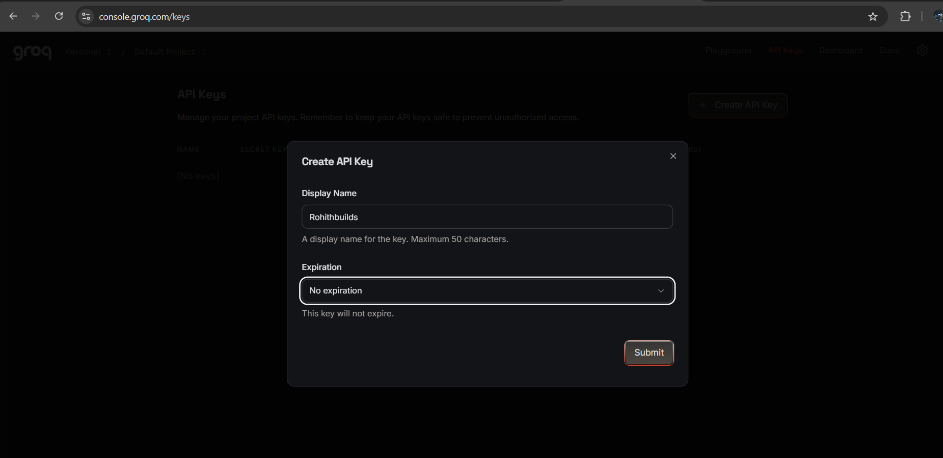 Groq Create API Key dialog with name ai-agent-course