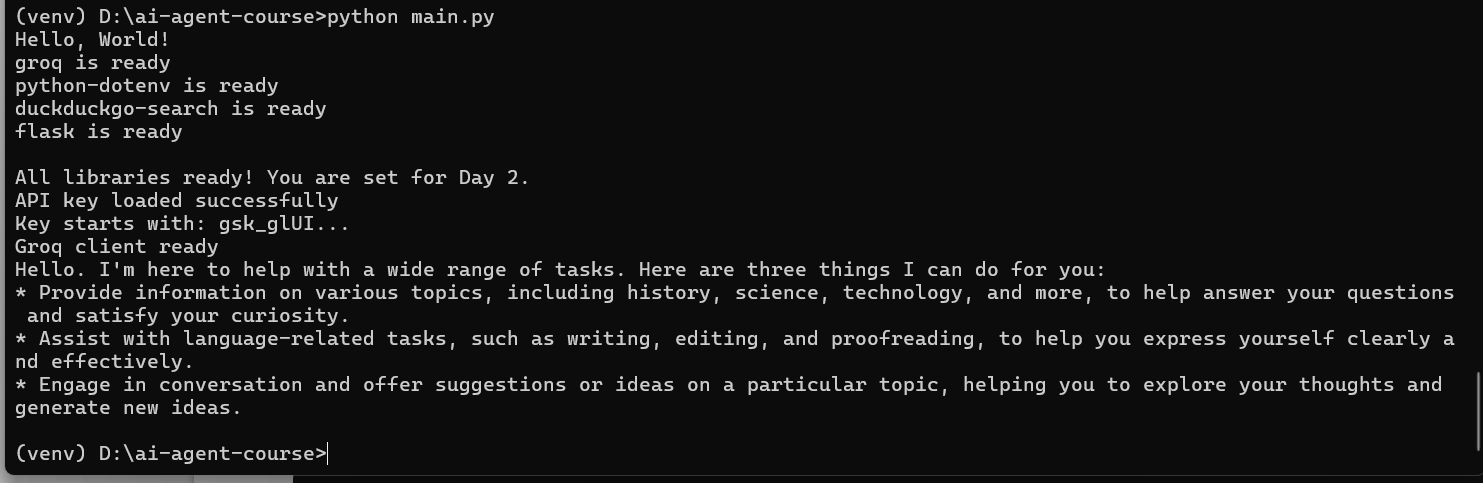 Terminal showing AI response with hello and bullet points