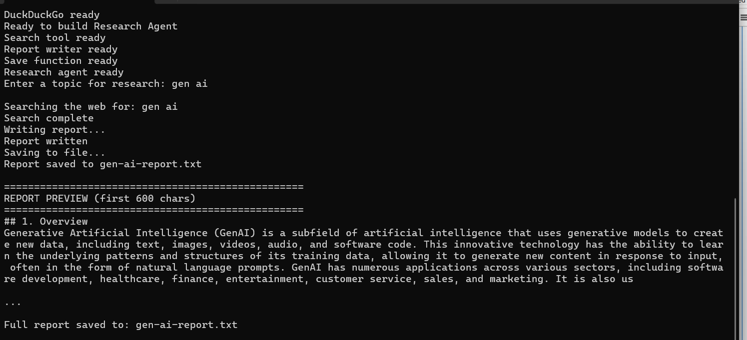 Terminal showing full research report generated from user input
