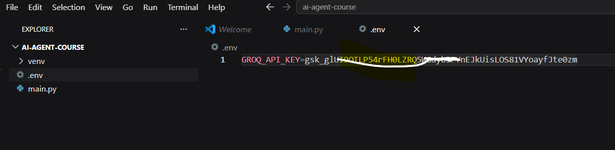 .env file open in VS Code with GROQ_API_KEY set
