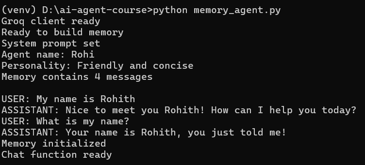 Terminal showing memory initialized and chat function ready