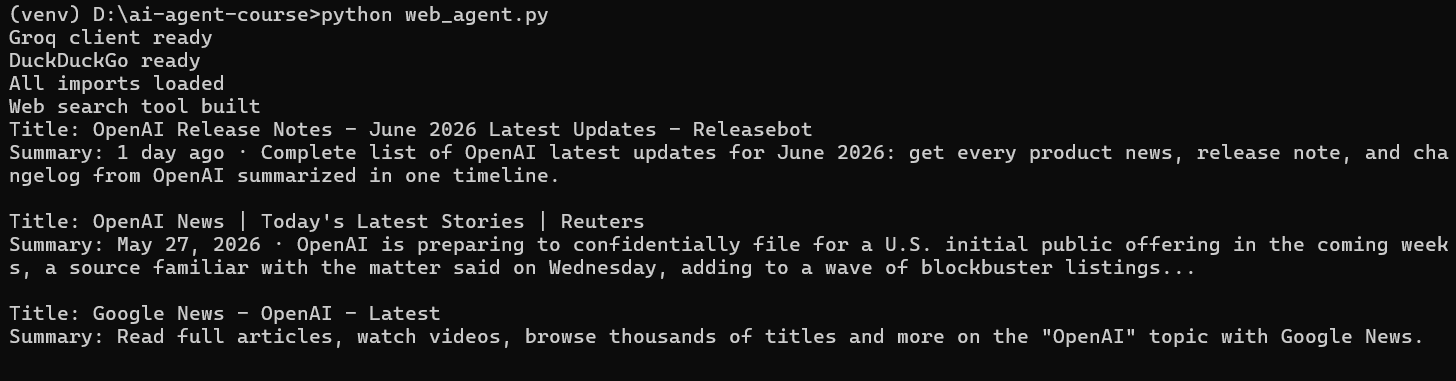 Terminal showing live web search results for latest OpenAI announcements