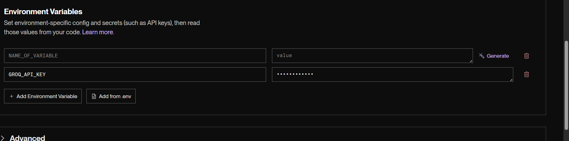 Render environment variables section with GROQ_API_KEY added