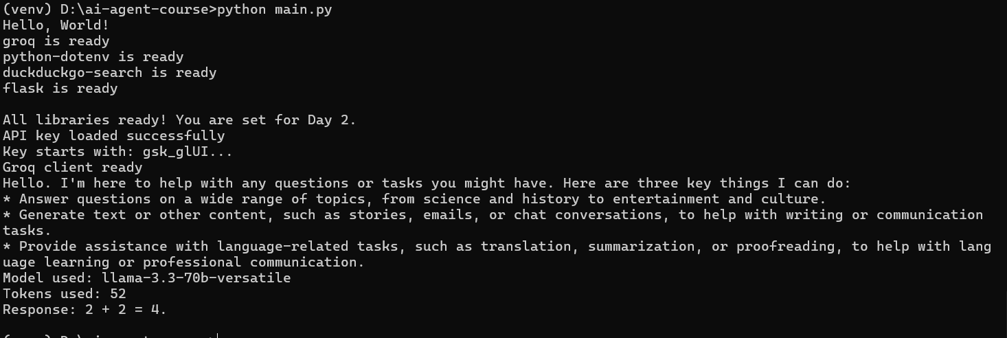 Terminal showing model name, tokens used, and AI response
