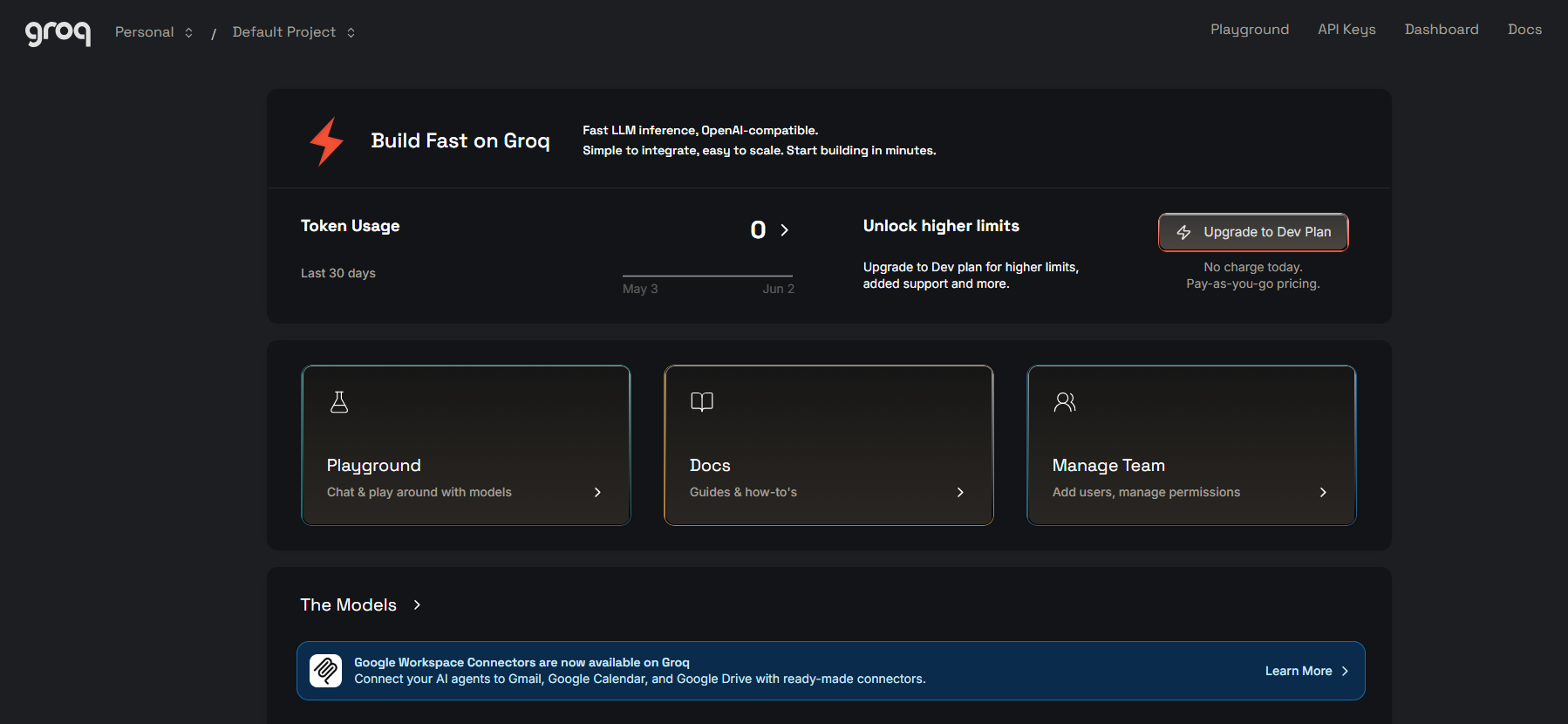 Groq console showing API Keys in the left sidebar