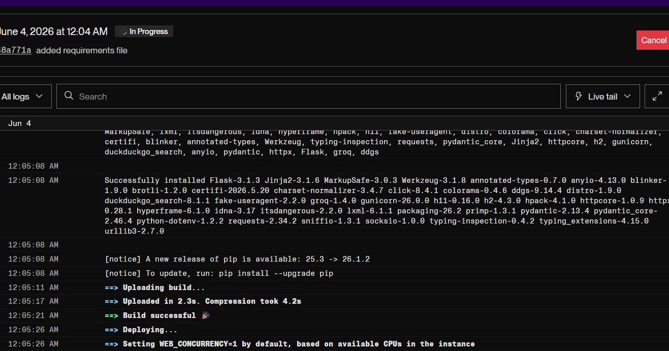 Render deployment logs running in real time