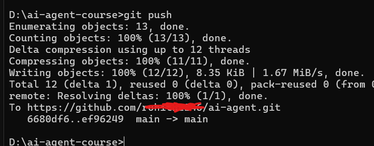Terminal showing successful git push to GitHub