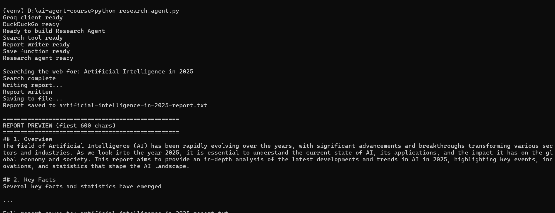 Terminal showing full research pipeline running with report preview