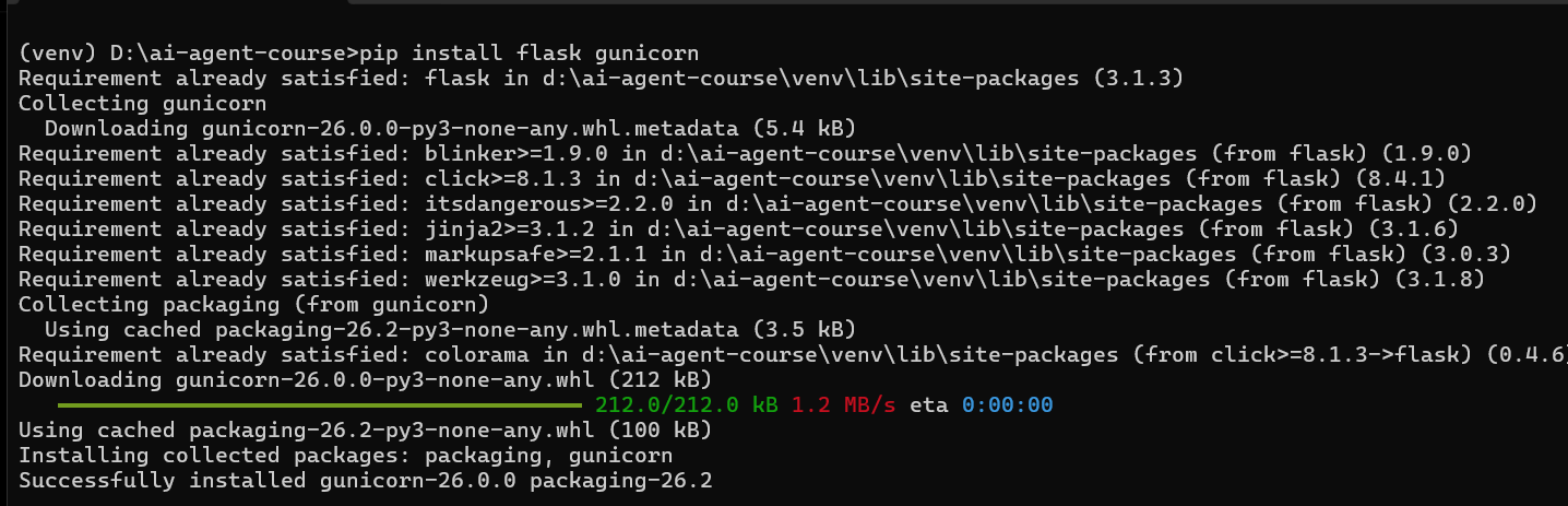 Terminal showing flask and gunicorn installed successfully