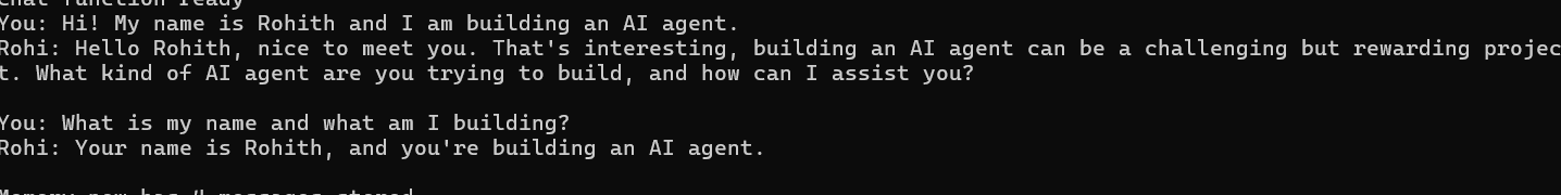 Terminal showing agent remembering name and project from earlier message