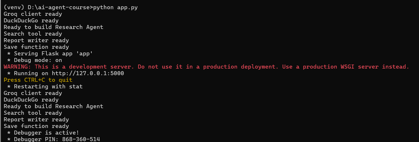 Terminal showing Flask running on http://127.0.0.1:5000