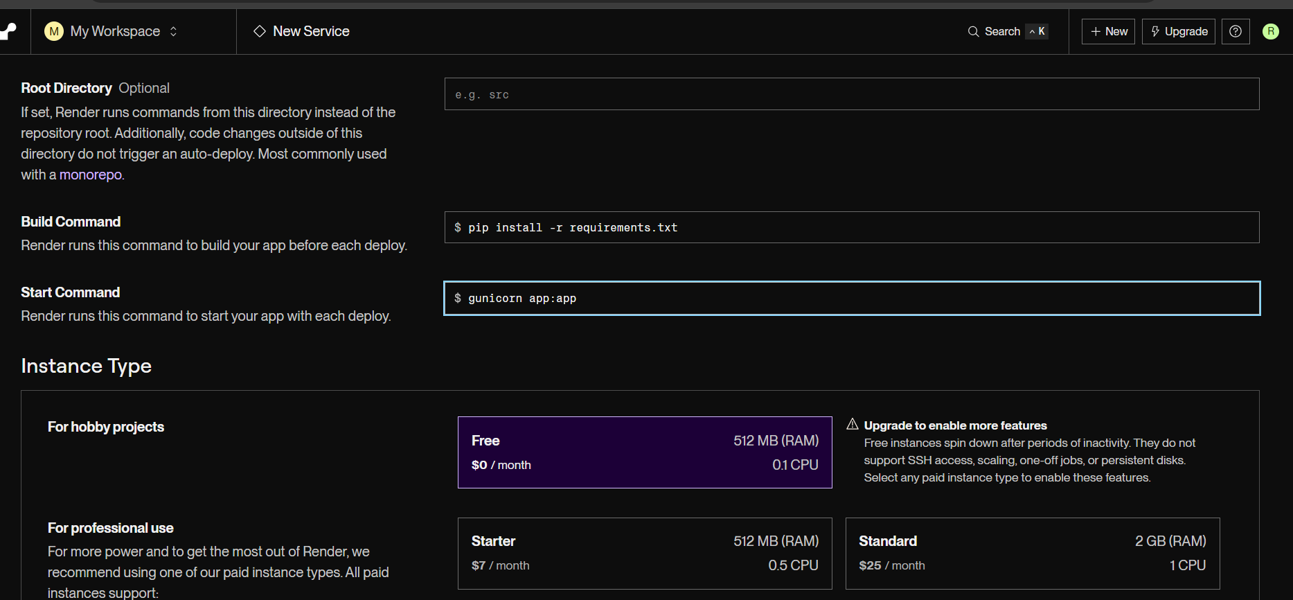 Render web service configuration settings filled in