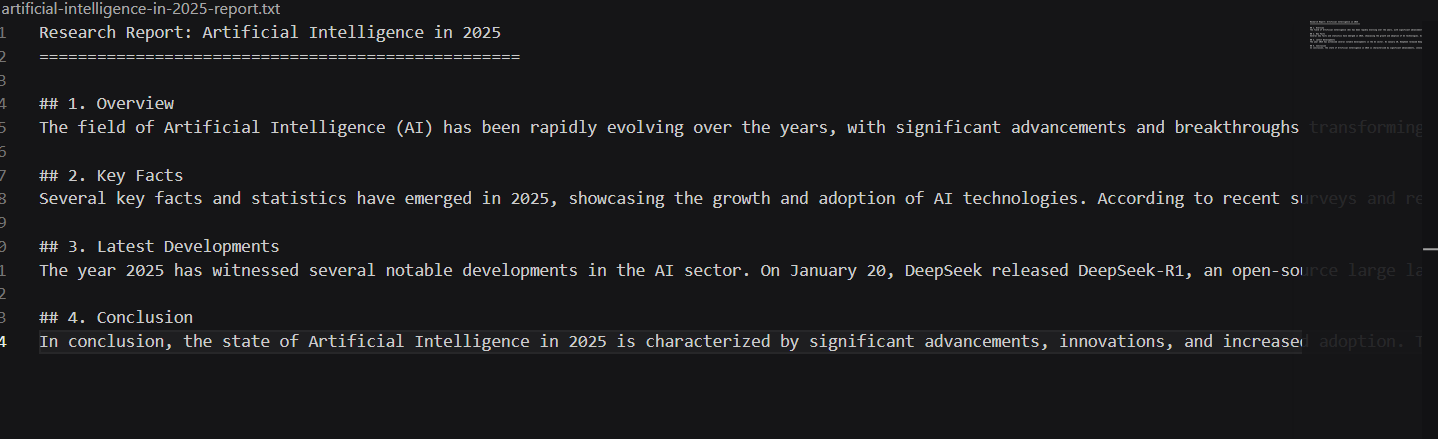 VS Code showing the saved research report with all 4 sections