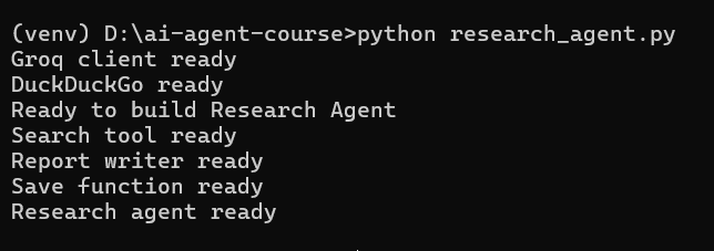 Terminal showing research agent ready