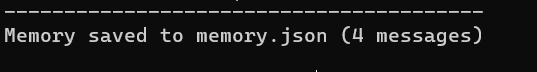 Terminal showing memory saved to memory.json confirmation