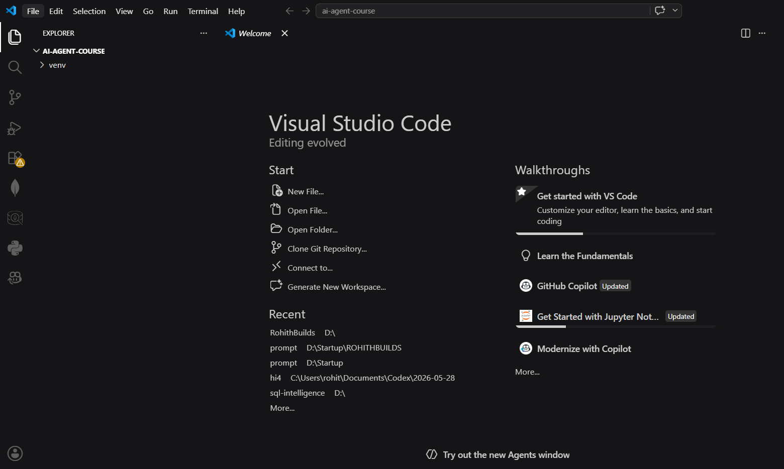 VS Code with ai-agent-course folder open in Explorer