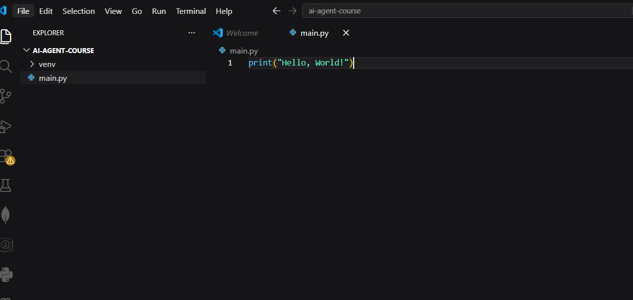 main.py file with Hello World code in VS Code
